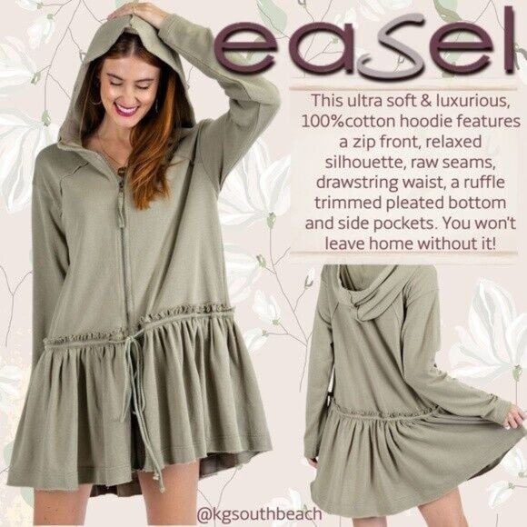 easel Tops - EASEL Lux Cotton Zip Front Hoodie Drawstring Waist Ruffled Trim Raw Seams SOFT!